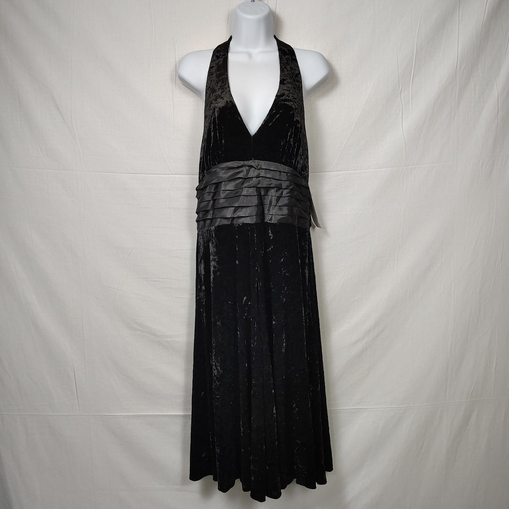 NEW Crushed Velvet V-Neck Halter Midi Dress Black Whimsigoth Goth Size 14 Fairy